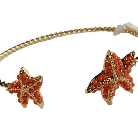 Coral Bead Starfish Cuff Cable Bracelet Nautical Beach Gold Plated Adjustable - Picture 2 of 10